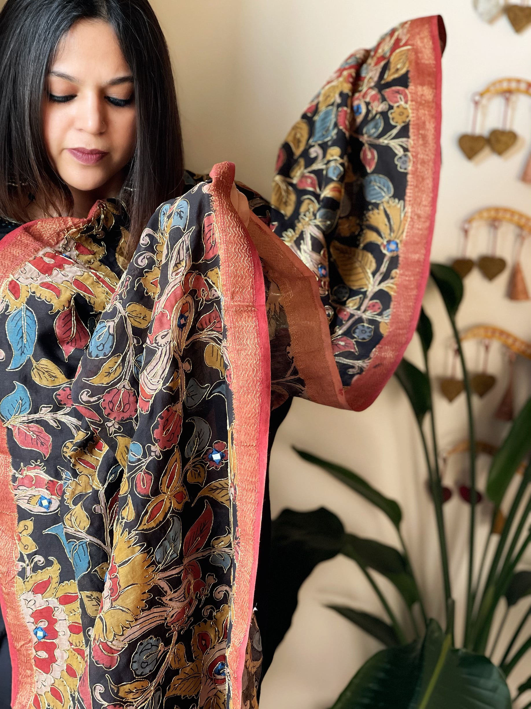 Handpainted Kalamkari Dupatta with Thread & Mirror Handwork in Chanderi Silk - Masakalee