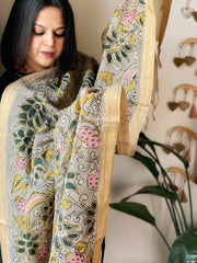 Handpainted Kalamkari Dupatta with Thread & Mirror Handwork in Chanderi Silk - Masakalee