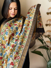 Handpainted Kalamkari Dupatta with Thread & Mirror Handwork in Chanderi Silk - Masakalee