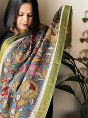 Handpainted Kalamkari Dupatta with Thread & Mirror Handwork in Chanderi Silk - Masakalee