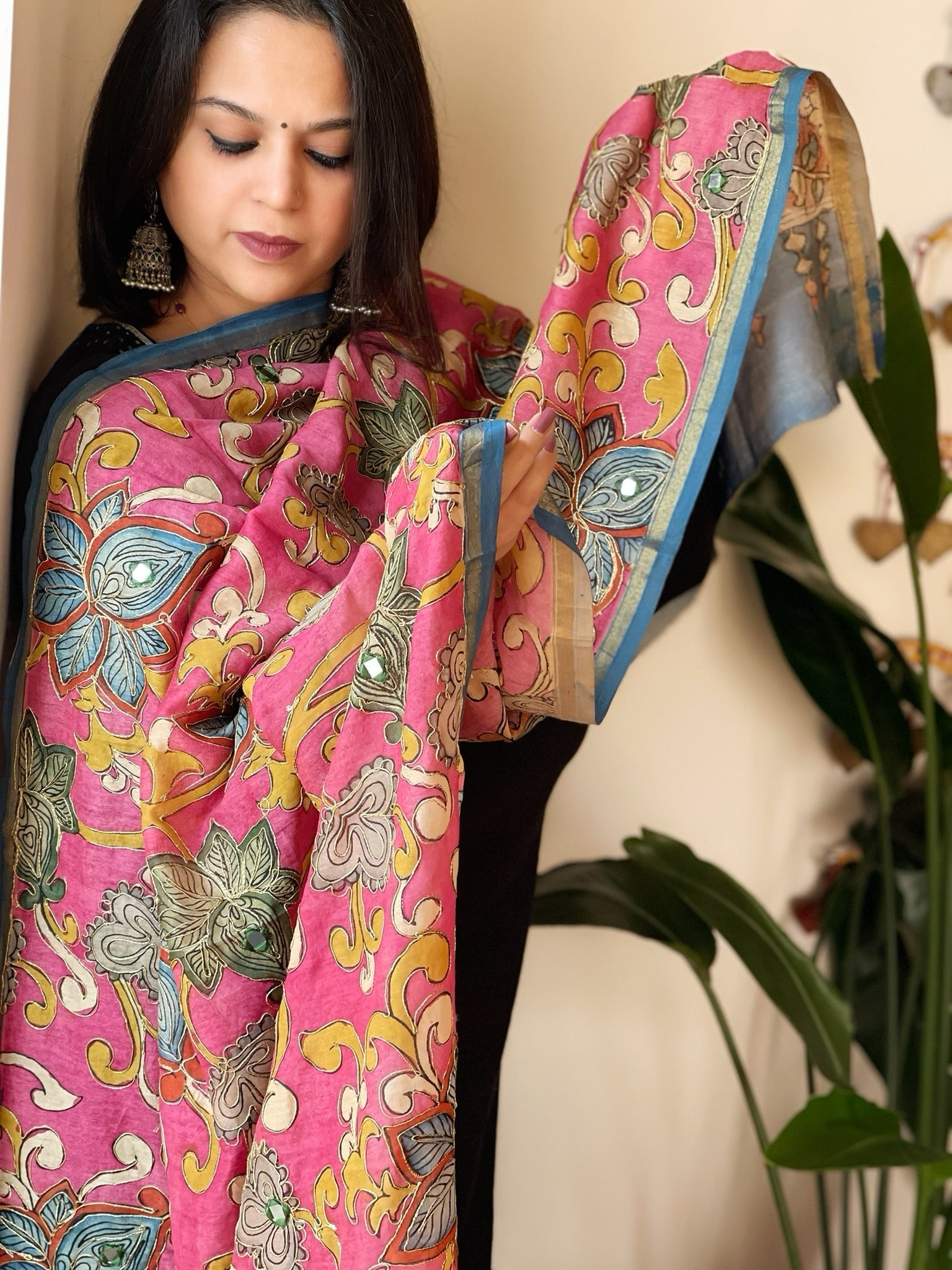 Handpainted Kalamkari Dupatta with Thread & Mirror Handwork in Chanderi Silk - Masakalee
