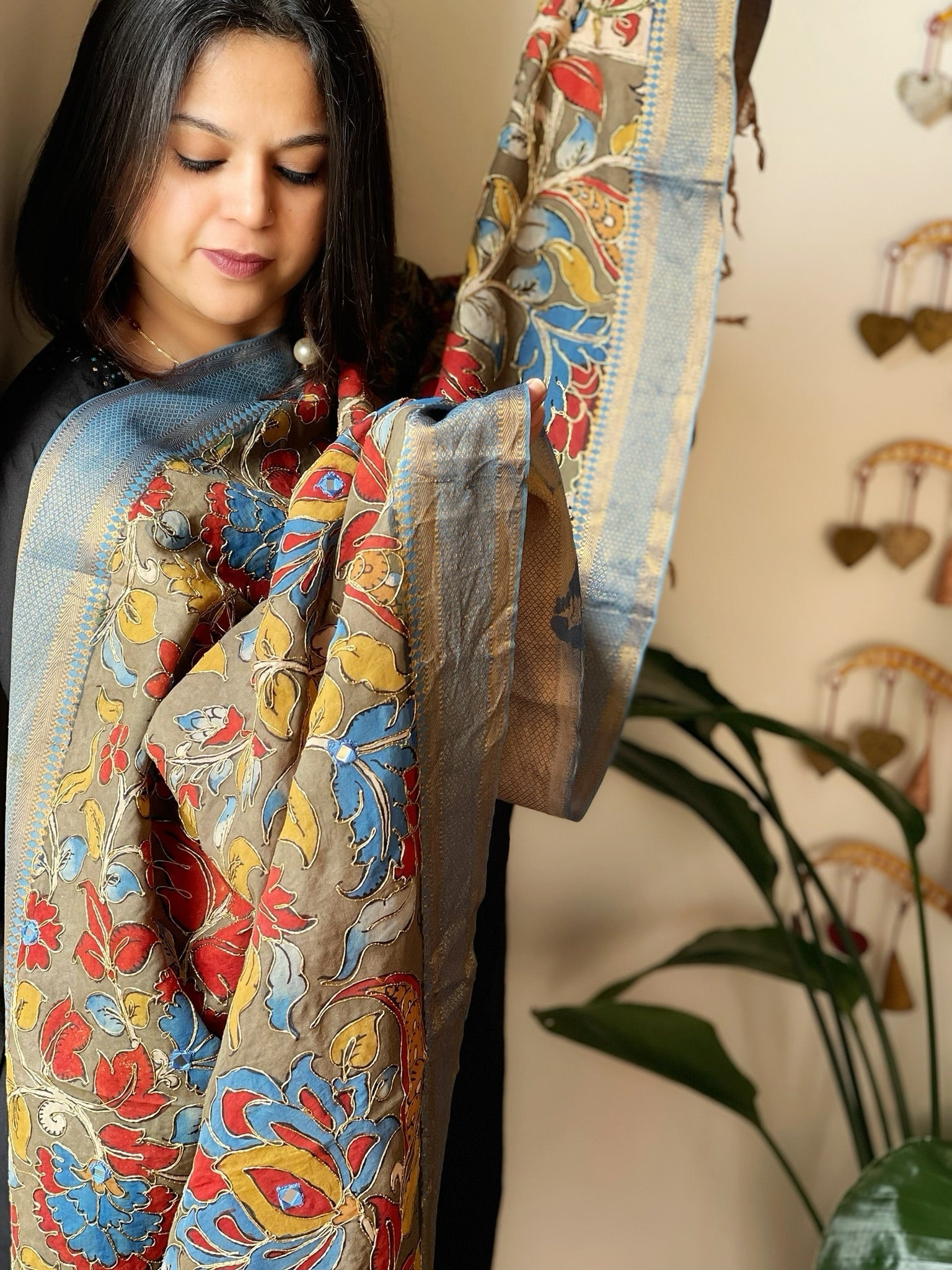 Handpainted Kalamkari Dupatta with Thread & Mirror Handwork in Chanderi Silk - Masakalee