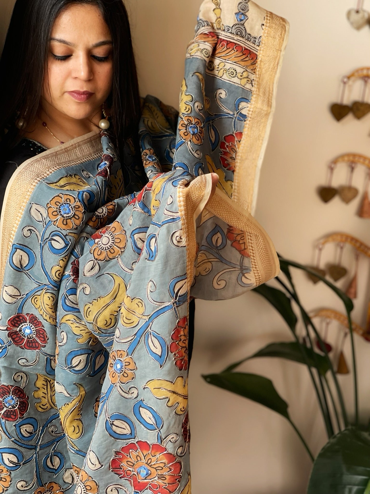 Handpainted Kalamkari Dupatta with Thread & Mirror Handwork in Chanderi Silk - Masakalee