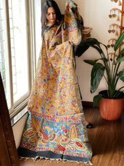 Handpainted Kalamkari Dupatta with Thread & Mirror Handwork in Chanderi Silk - Masakalee