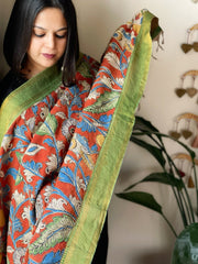 Handpainted Kalamkari Dupatta with Thread & Mirror Handwork in Chanderi Silk - Masakalee