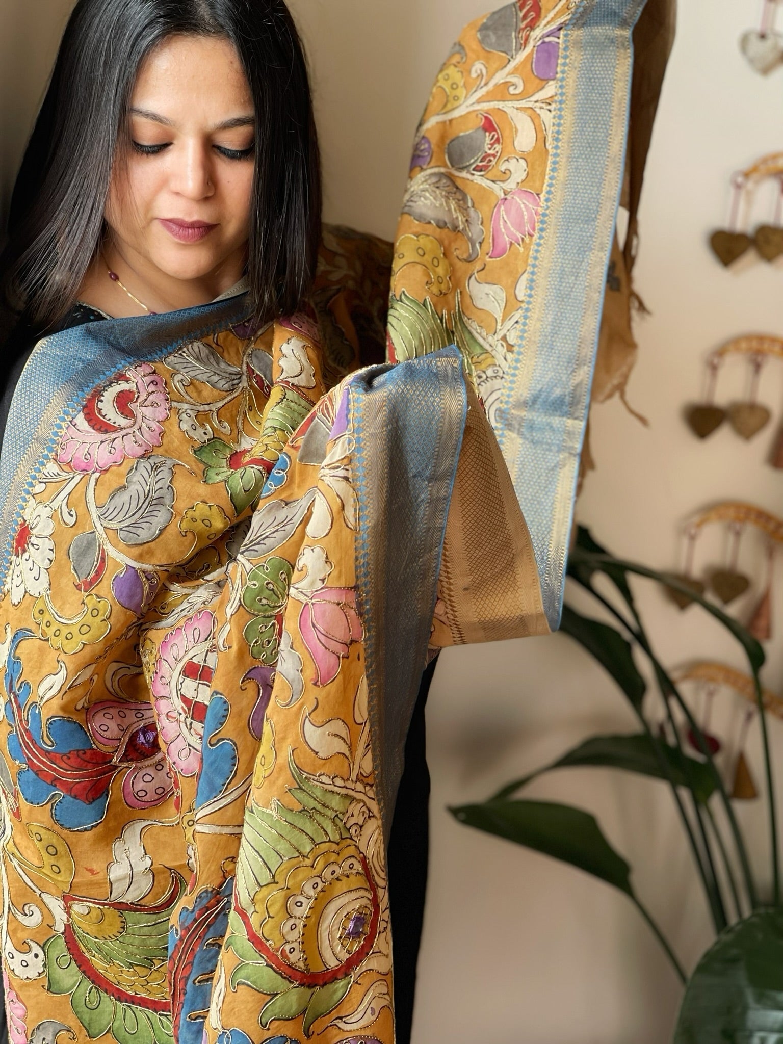 Handpainted Kalamkari Dupatta with Thread & Mirror Handwork in Chanderi Silk - Masakalee