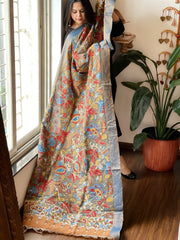 Handpainted Kalamkari Dupatta with Thread & Mirror Handwork in Chanderi Silk - Masakalee