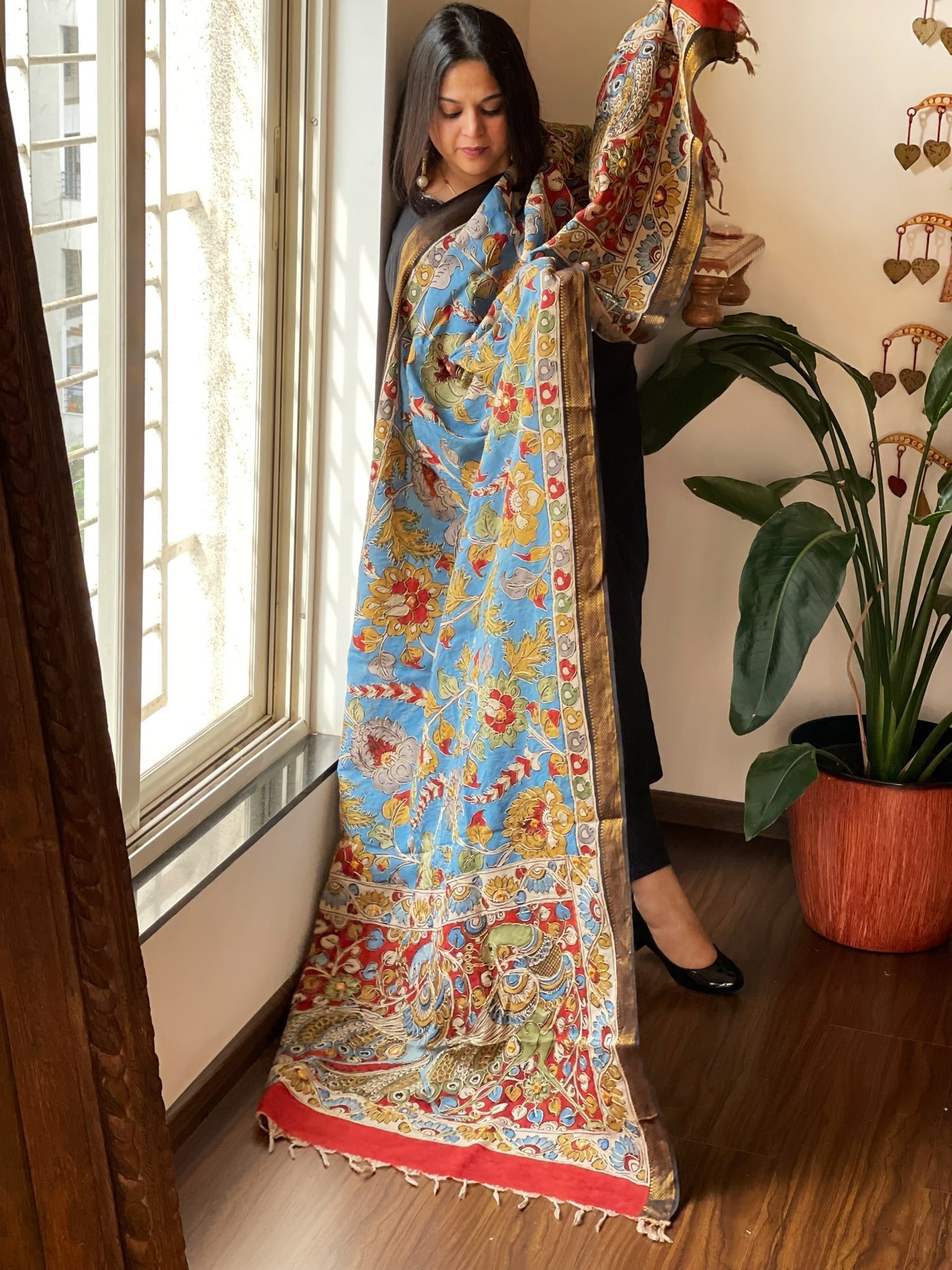 Handpainted Kalamkari Dupatta with Thread & Mirror Handwork in Chanderi Silk - Masakalee