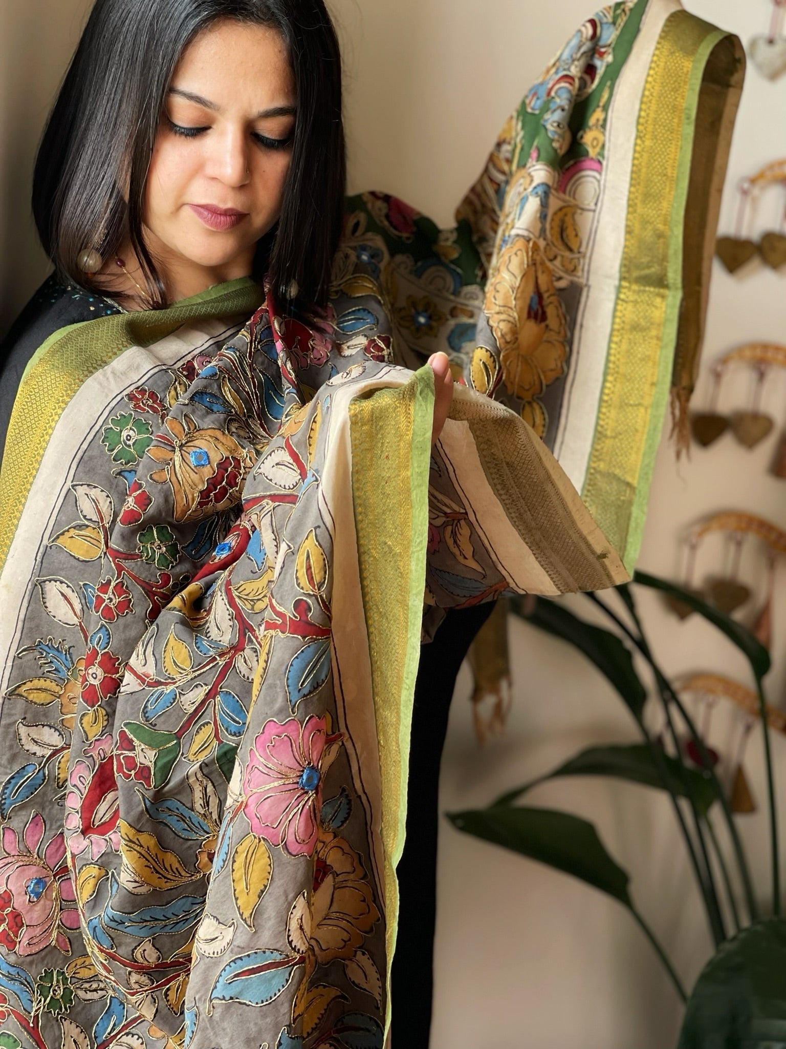 Handpainted Kalamkari Dupatta with Thread & Mirror Handwork in Chanderi Silk - Masakalee