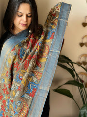 Handpainted Kalamkari Dupatta with Thread & Mirror Handwork in Chanderi Silk - Masakalee