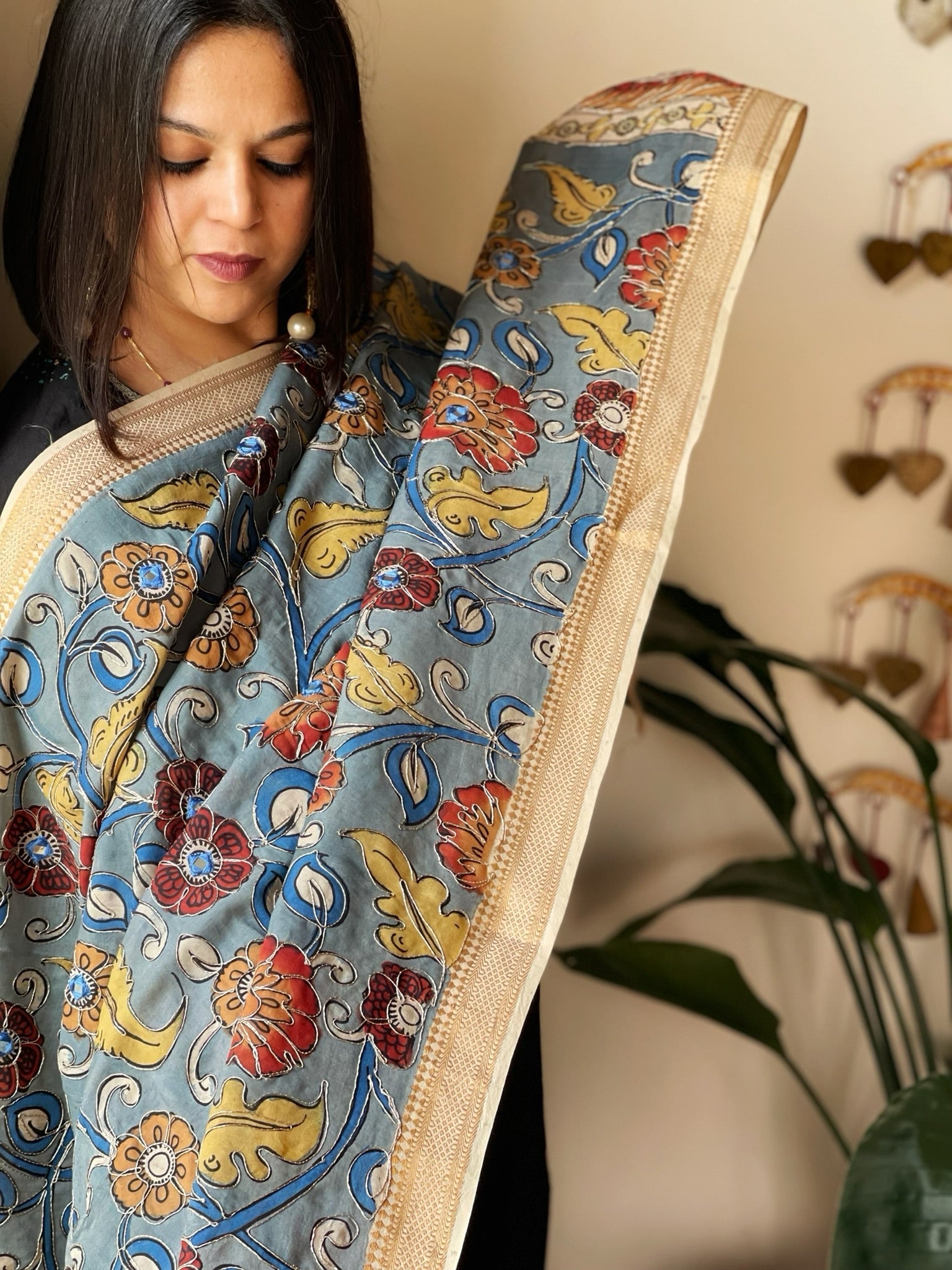 Handpainted Kalamkari Dupatta with Thread & Mirror Handwork in Chanderi Silk - Masakalee