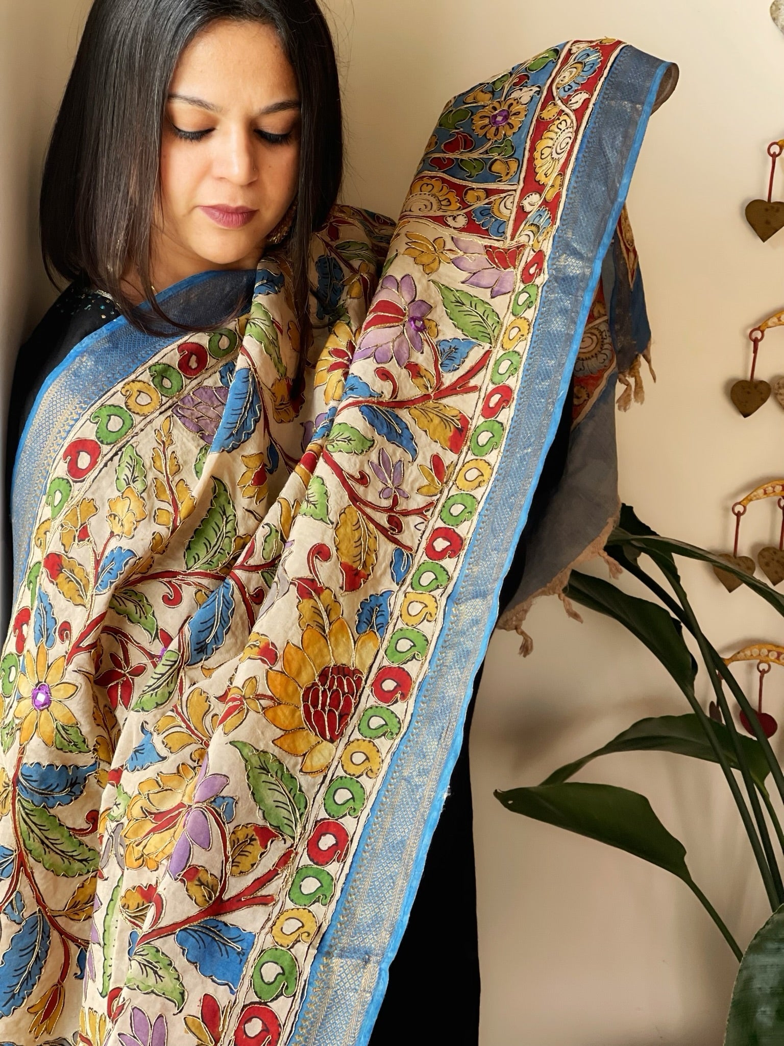 Handpainted Kalamkari Dupatta with Thread & Mirror Handwork in Chanderi Silk - Masakalee