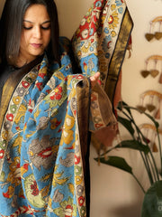 Handpainted Kalamkari Dupatta with Thread & Mirror Handwork in Chanderi Silk - Masakalee