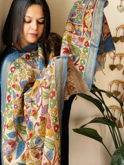 Handpainted Kalamkari Dupatta with Thread & Mirror Handwork in Chanderi Silk - Masakalee