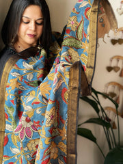 Handpainted Kalamkari Dupatta with Thread & Mirror Handwork in Chanderi Silk - Masakalee