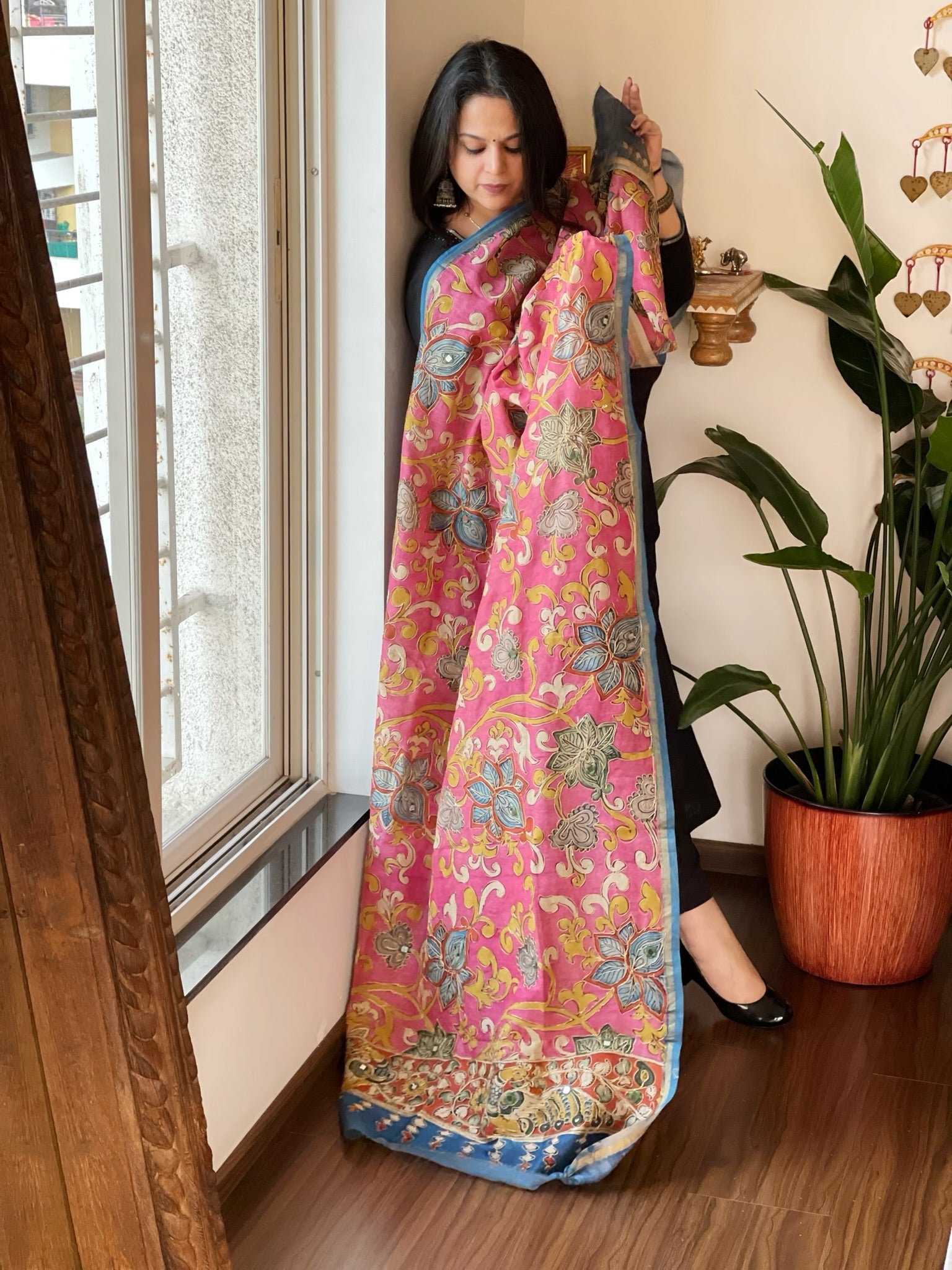 Handpainted Kalamkari Dupatta with Thread & Mirror Handwork in Chanderi Silk - Masakalee
