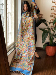 Handpainted Kalamkari Dupatta with Thread & Mirror Handwork in Chanderi Silk - Masakalee