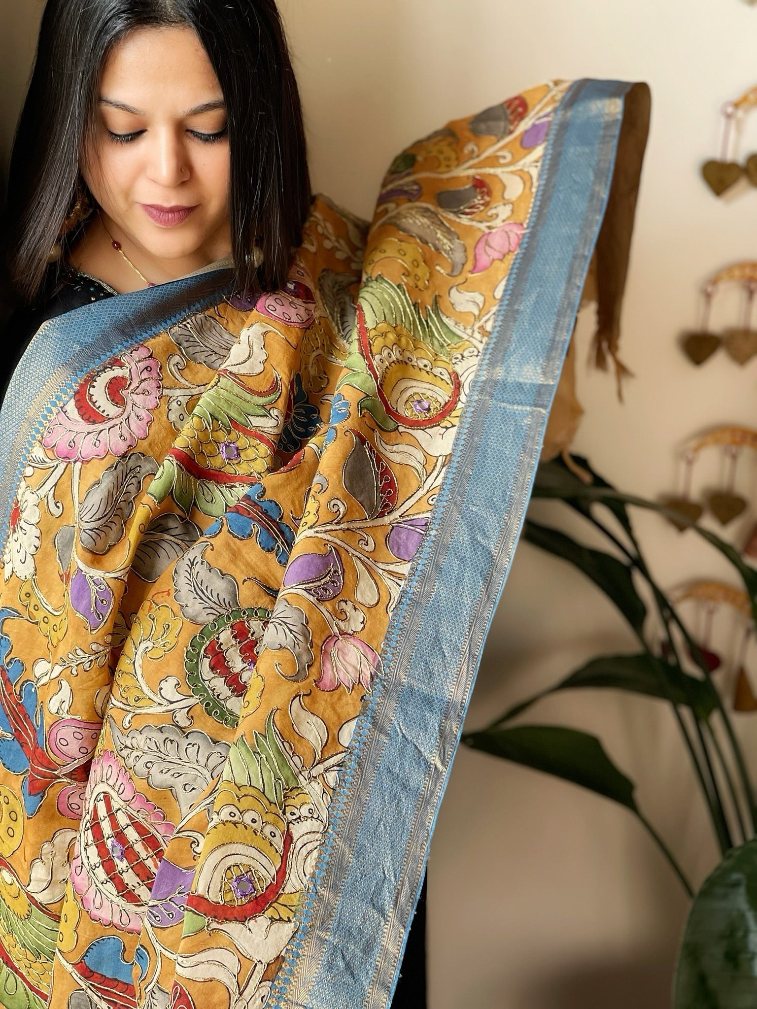 Handpainted Kalamkari Dupatta with Thread & Mirror Handwork in Chanderi Silk - Masakalee