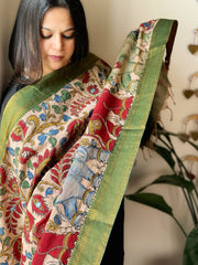 Handpainted Kalamkari Dupatta with Thread & Mirror Handwork in Chanderi Silk - Masakalee