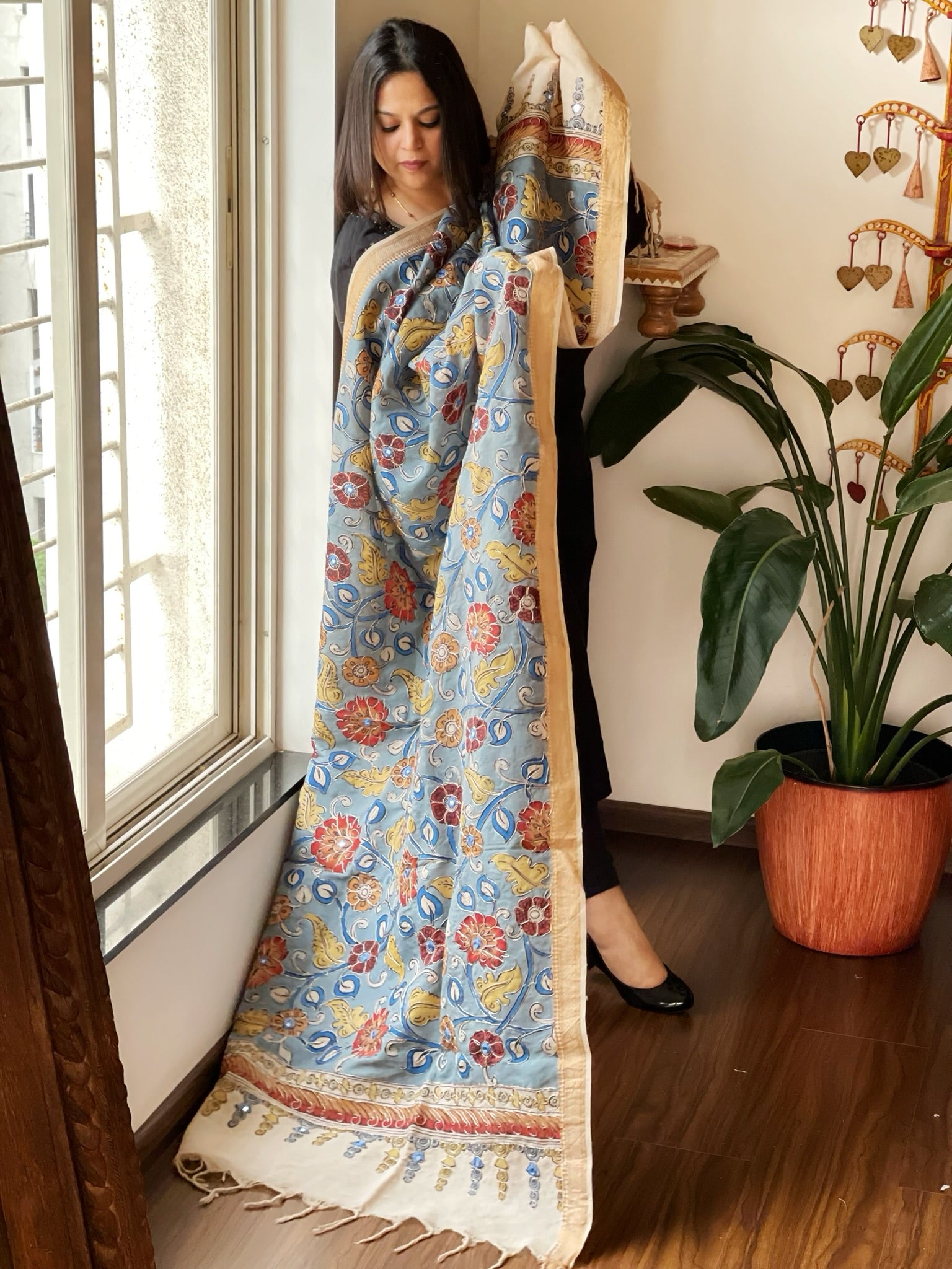 Handpainted Kalamkari Dupatta with Thread & Mirror Handwork in Chanderi Silk - Masakalee