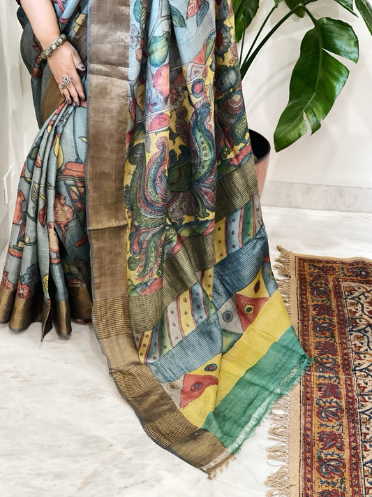 Handpainted Kalamkari Saree in Pure Tussar Silk - Masakalee