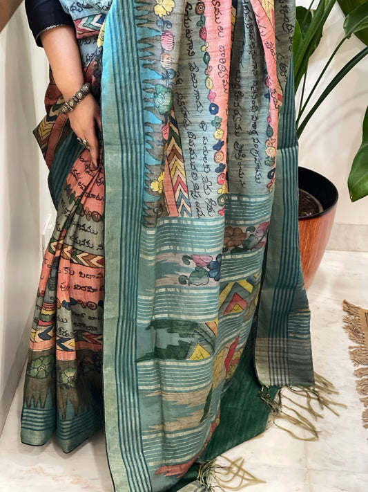 Handpainted Kalamkari Saree in Pure Tussar Silk - Masakalee