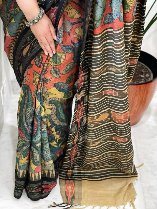 Handpainted Kalamkari Saree in Pure Vidharbha Tussar Silk - Masakalee