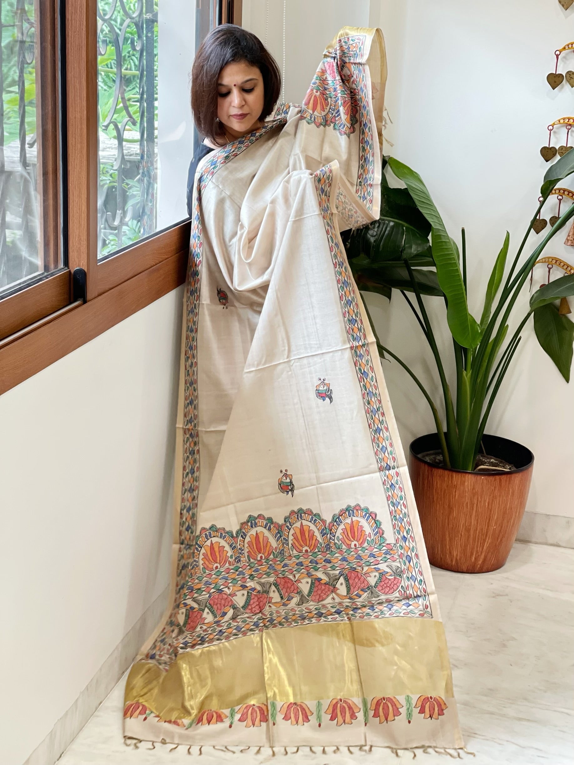 Handpainted Madhubani Dupatta in Pure Chanderi Silk - Masakalee