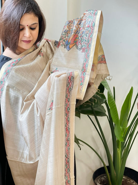 Handpainted Madhubani Dupatta in Pure Chanderi Silk - Masakalee