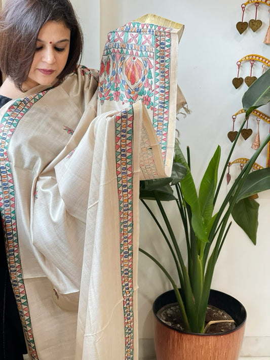 Handpainted Madhubani Dupatta in Pure Chanderi Silk - Masakalee