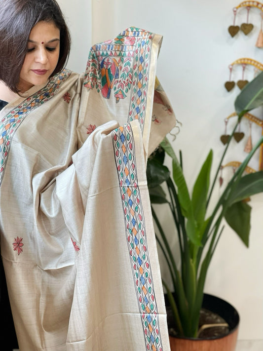 Handpainted Madhubani Dupatta in Pure Chanderi Silk - Masakalee