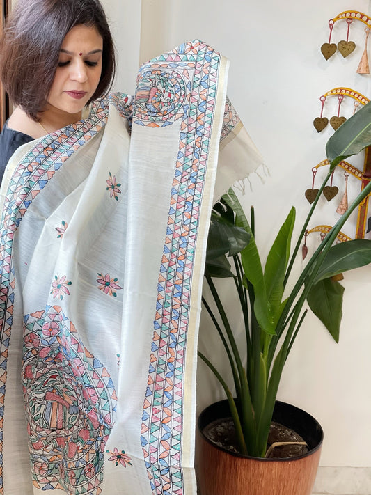 Handpainted Madhubani Dupatta in Pure Chanderi Silk - Masakalee