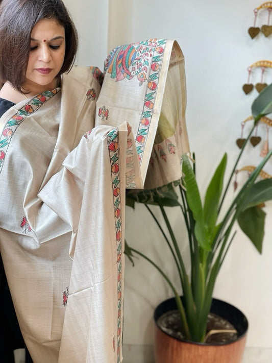Handpainted Madhubani Dupatta in Pure Chanderi Silk - Masakalee