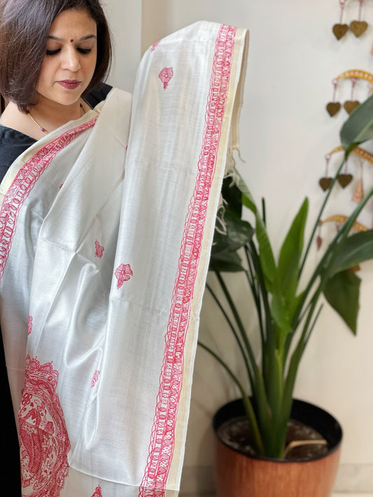 Handpainted Madhubani Dupatta in Pure Chanderi Silk - Masakalee