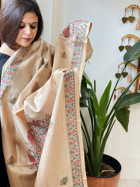 Handpainted Madhubani Dupatta in Pure Chanderi Silk - Masakalee