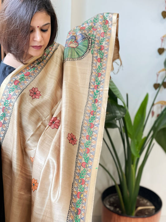 Handpainted Madhubani Dupatta in Pure Chanderi Silk - Masakalee