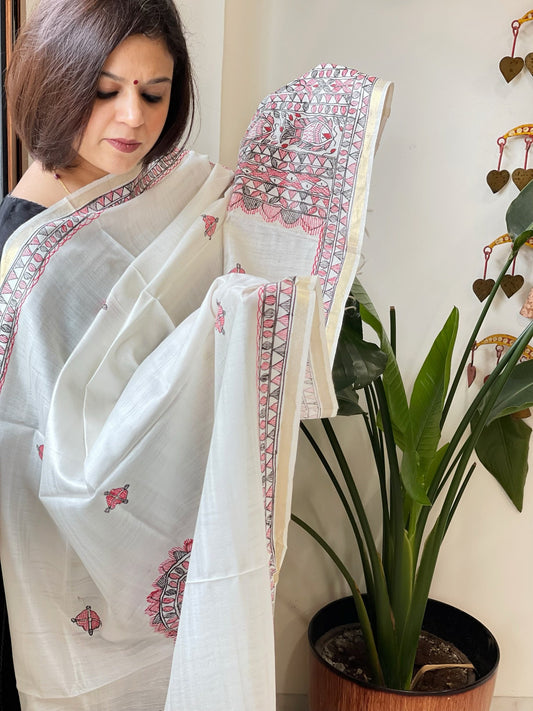Handpainted Madhubani Dupatta in Pure Chanderi Silk - Masakalee