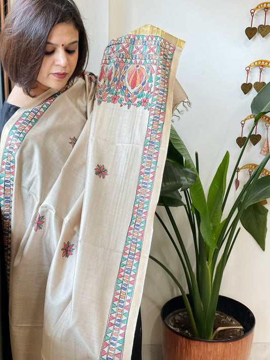 Handpainted Madhubani Dupatta in Pure Chanderi Silk - Masakalee