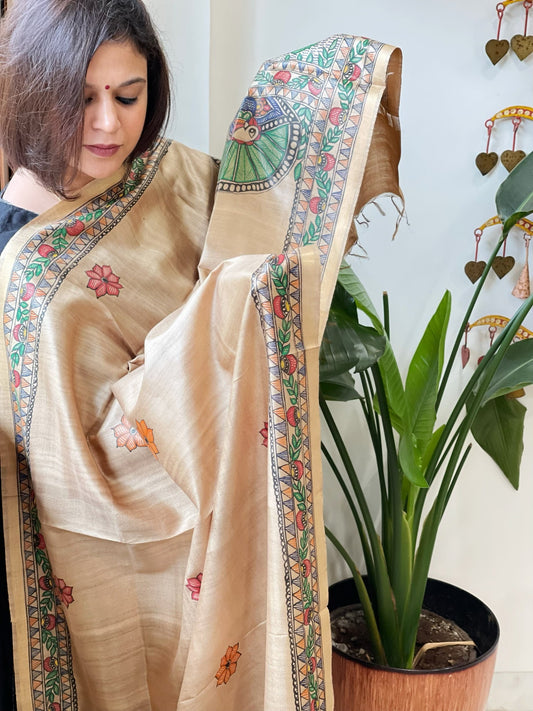 Handpainted Madhubani Dupatta in Pure Chanderi Silk - Masakalee