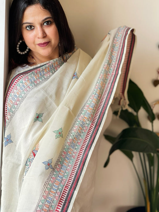 Handpainted Madhubani Dupatta in Pure Cotton - Masakalee