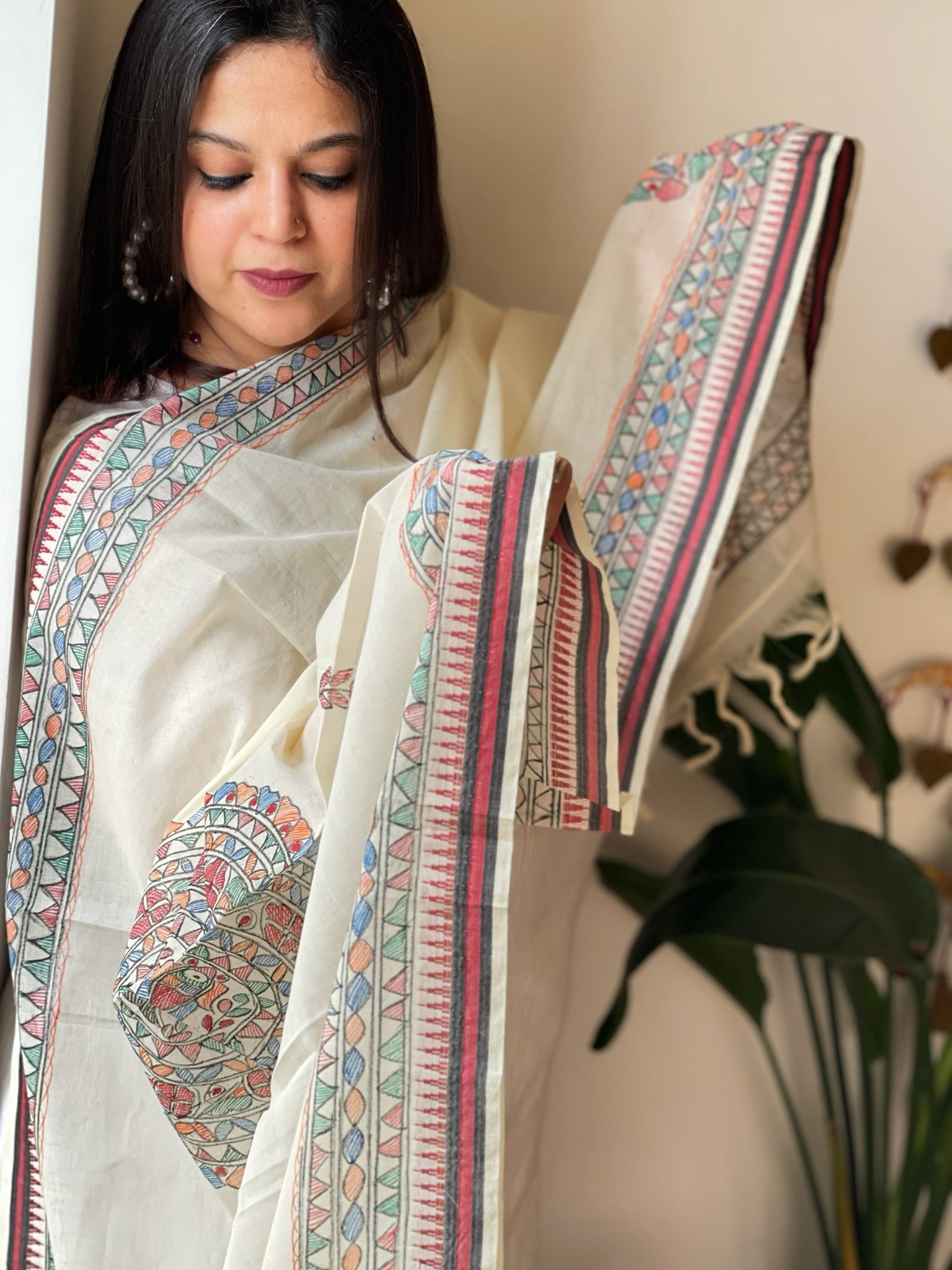 Handpainted Madhubani Dupatta in Pure Cotton - Masakalee