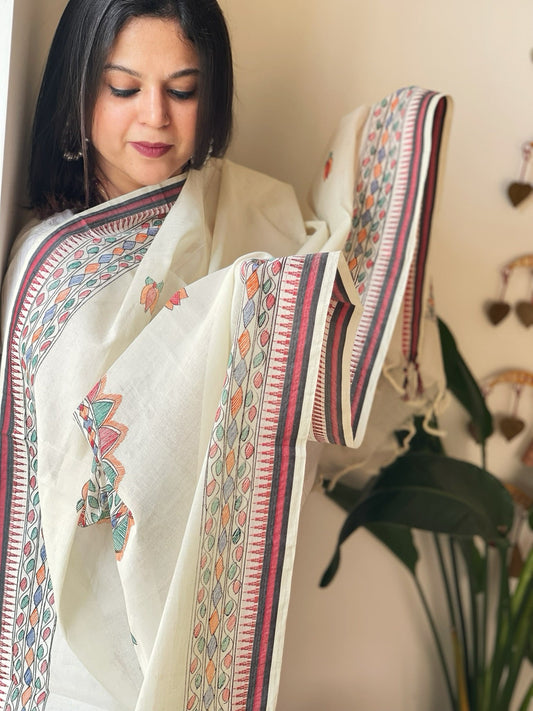 Handpainted Madhubani Dupatta in Pure Cotton - Masakalee