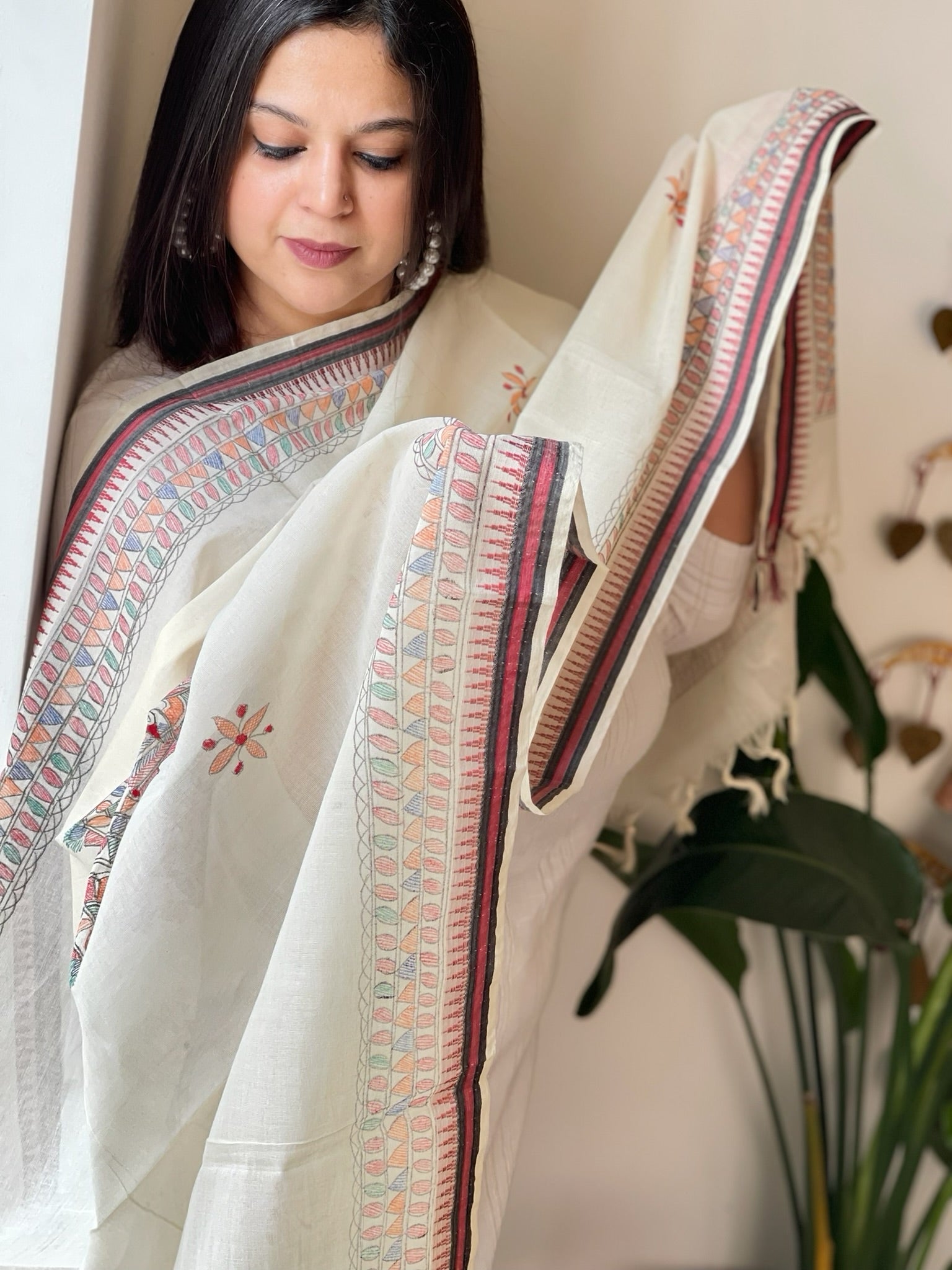 Handpainted Madhubani Dupatta in Pure Cotton - Masakalee