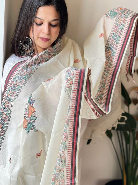 Handpainted Madhubani Dupatta in Pure Cotton - Masakalee