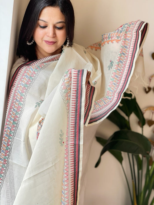 Handpainted Madhubani Dupatta in Pure Cotton - Masakalee