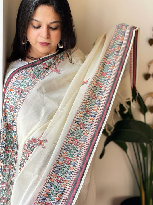 Handpainted Madhubani Dupatta in Pure Cotton - Masakalee