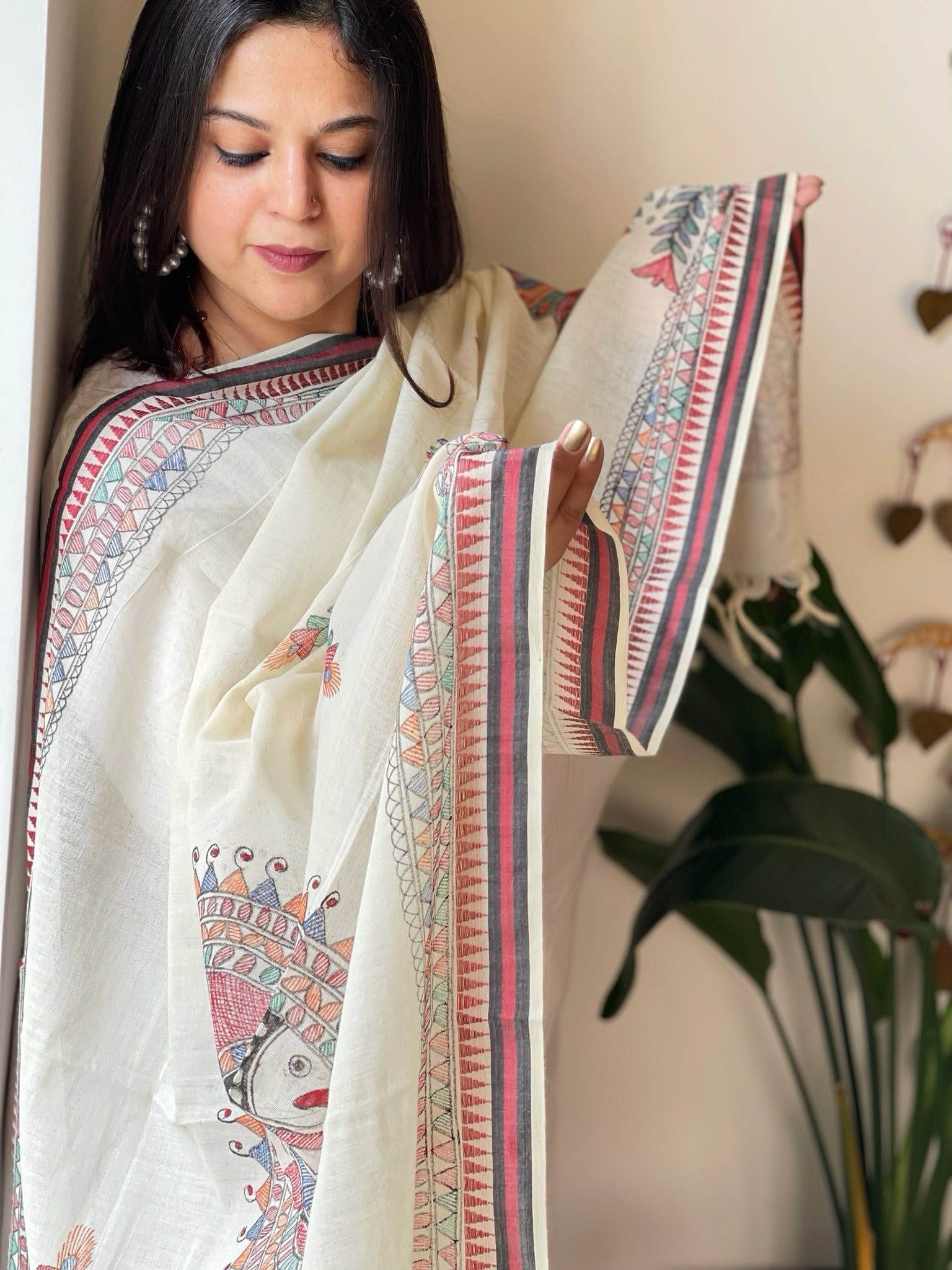 Handpainted Madhubani Dupatta in Pure Cotton - Masakalee