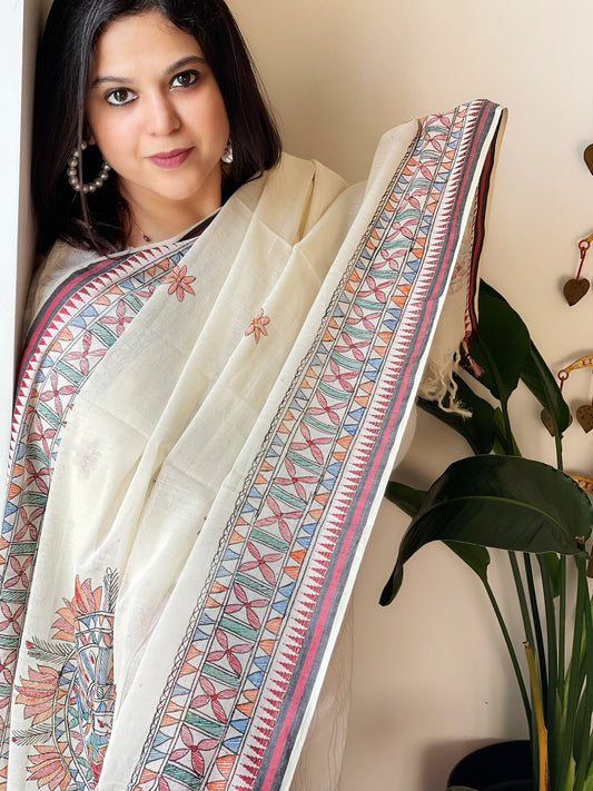 Handpainted Madhubani Dupatta in Pure Cotton - Masakalee