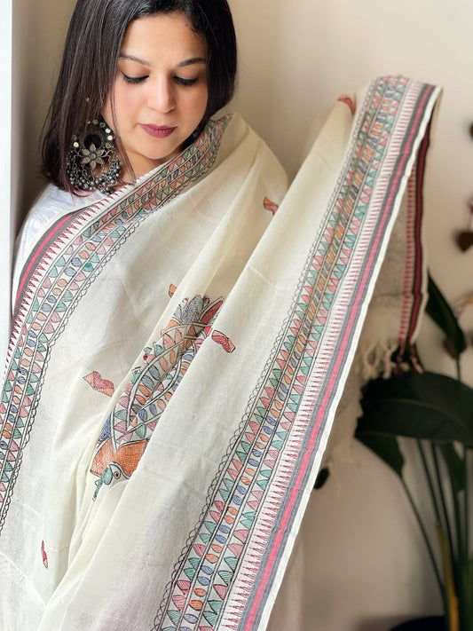 Handpainted Madhubani Dupatta in Pure Cotton - Masakalee