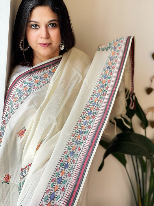 Handpainted Madhubani Dupatta in Pure Cotton - Masakalee